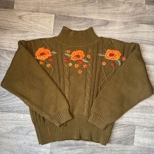 Ann Taylor Olive Floral‎ Embroidered Turtleneck Sweater